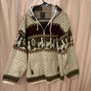 Alpaca Wool Sweater with Llama Pattern - Cream and Brown